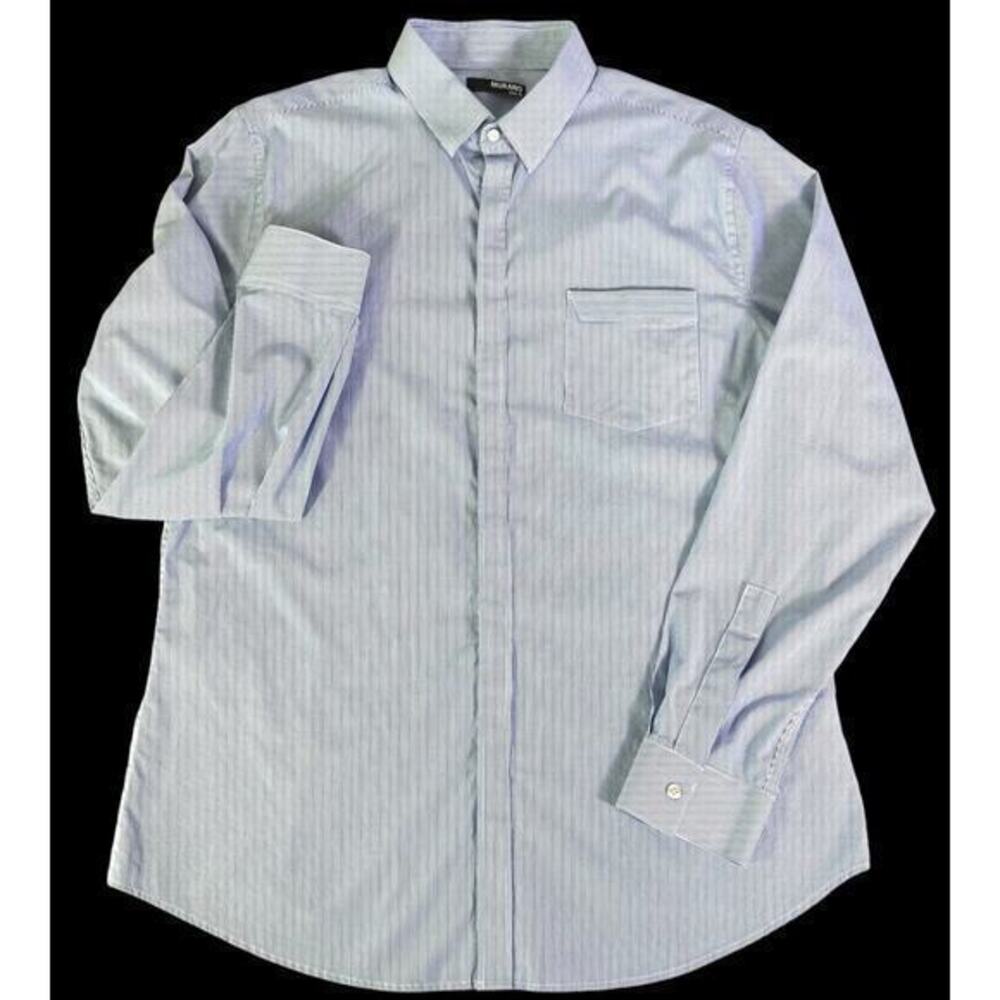 Murano Mens Blue Stripe Long Sleeved Slim Fit Stretch Shirt Snap Button Size L